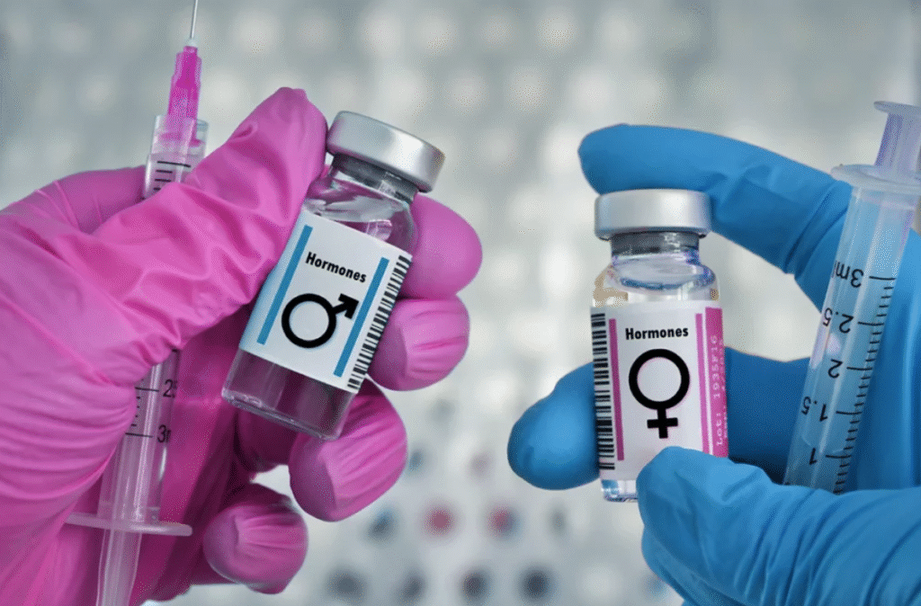 manos sosteniendo frasquitos con etiqueta de hormonas masculinas y femeninas