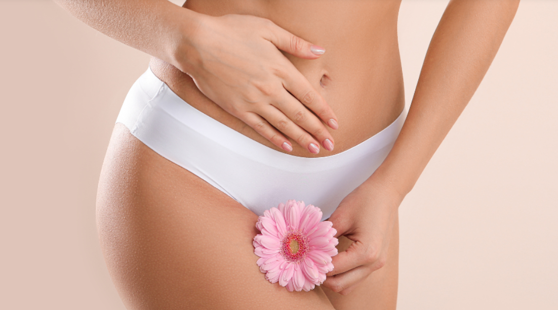 mujer en ropa interior con una flor en la mano