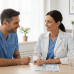 la imagen muestra a unos doctores definiendo la dieta de su paciente embarazada