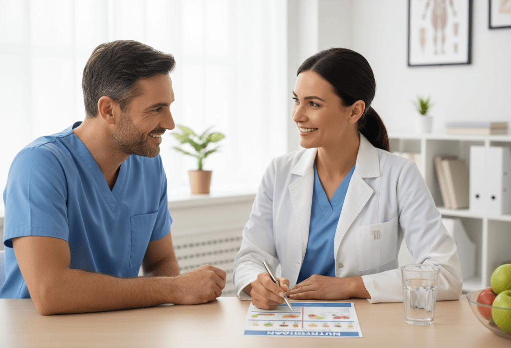la imagen muestra a unos doctores definiendo la dieta de su paciente embarazada