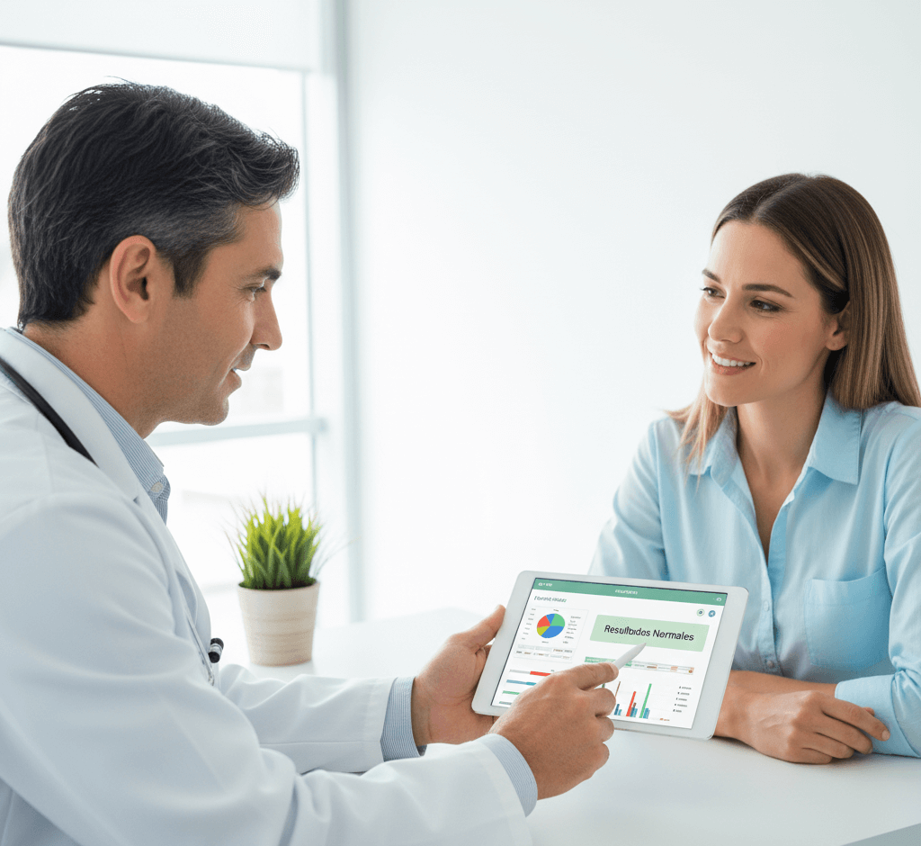 mujer asistiendo a la lectira de sus resultados de resultados 25 hidroxivitamina normales
