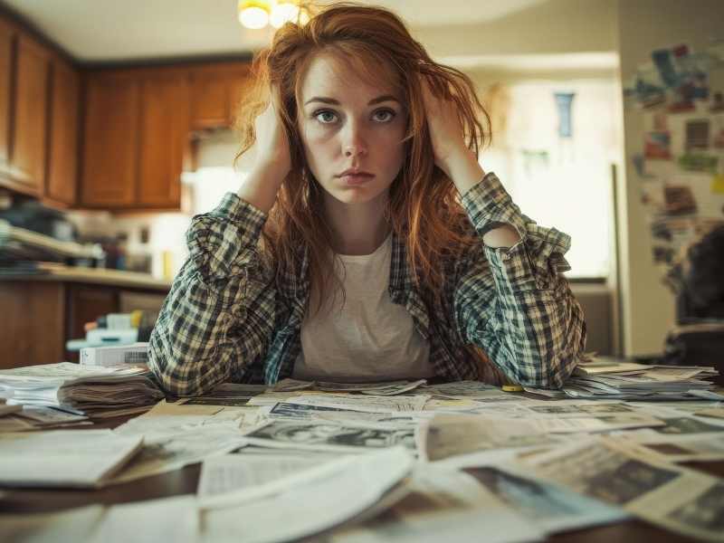 mujer estresada con muchos pendientes de trabajo sobre la mesa