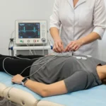 Paciente preparándose para un electrocardiograma digital en reposo en una clínica especializada.