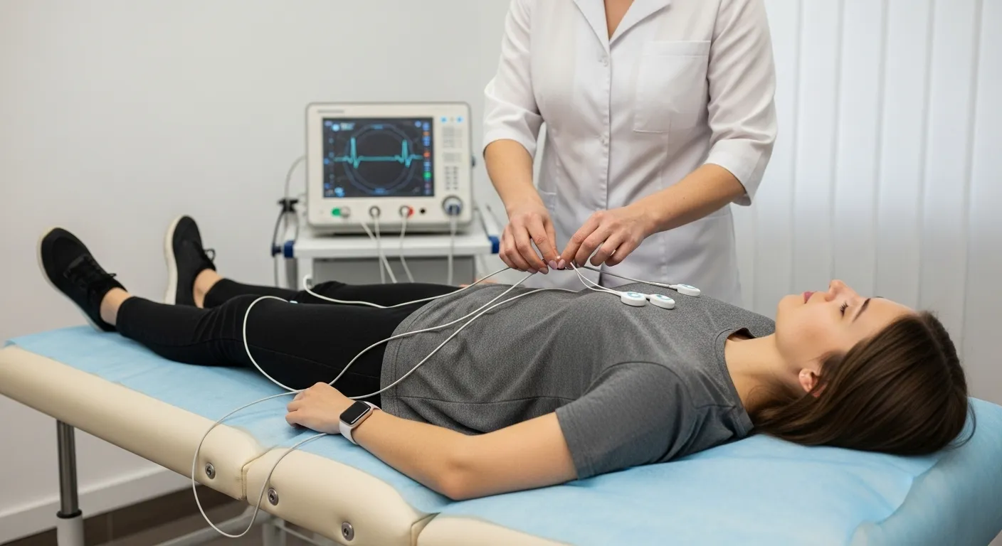 Paciente preparándose para un electrocardiograma digital en reposo en una clínica especializada.