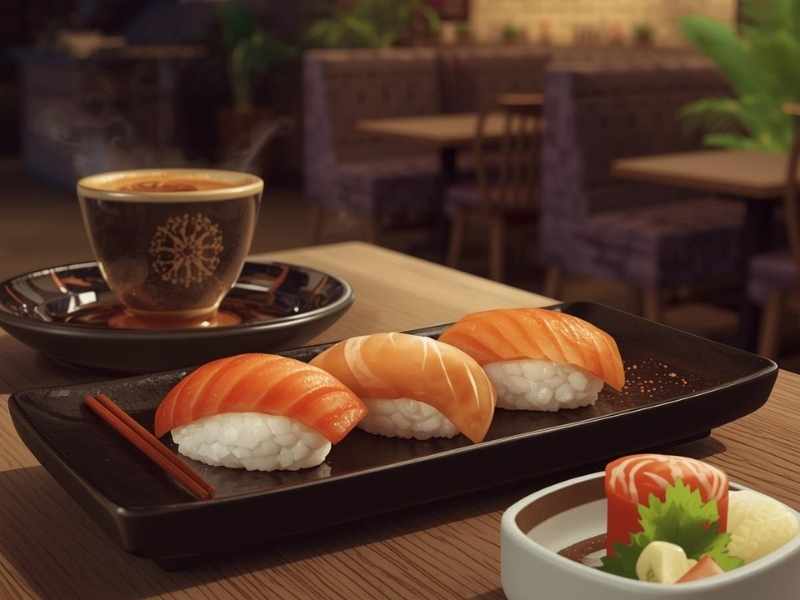 Sushi y taza de café sobre una mesa