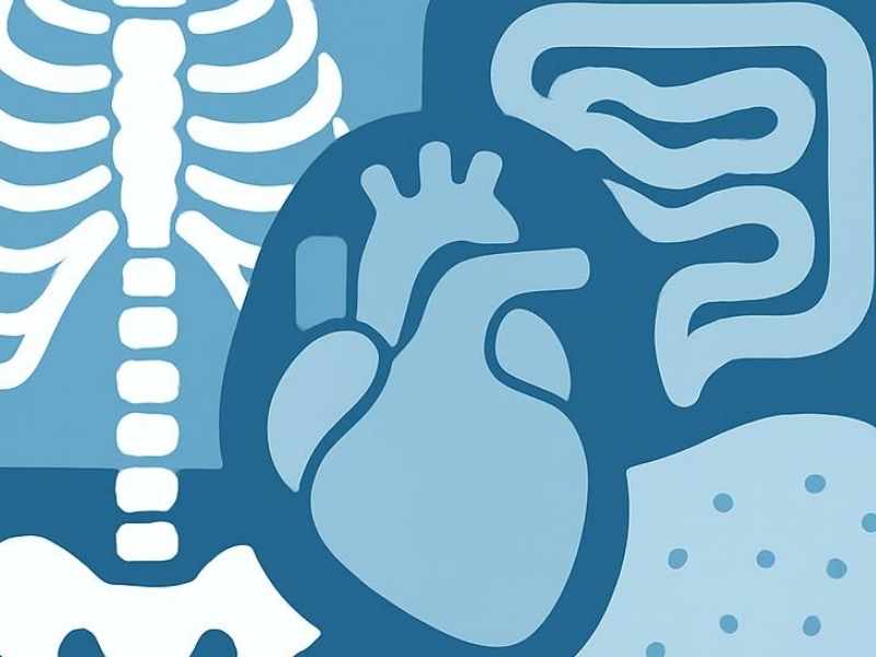 Ilustración médica de huesos, órganos y tejidos como estructuras observadas en imagen médica.