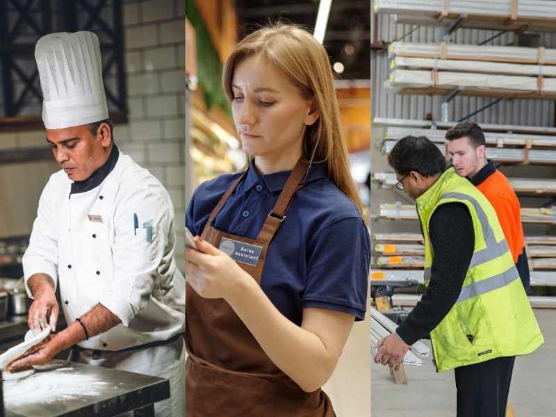 Personas trabajando de pie como representación de la carga diaria sobre las rodillas.